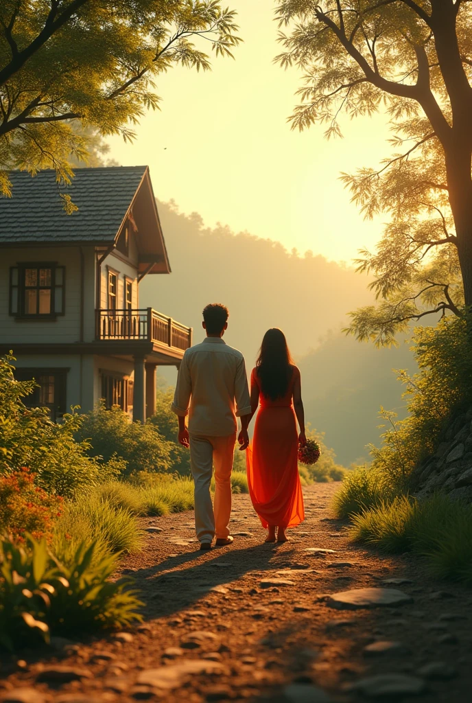 In 3d cinematic animation Introduction to the House: Describe the initial excitement of Varun and Priya as they move into their new home and the serene but isolated surroundings.