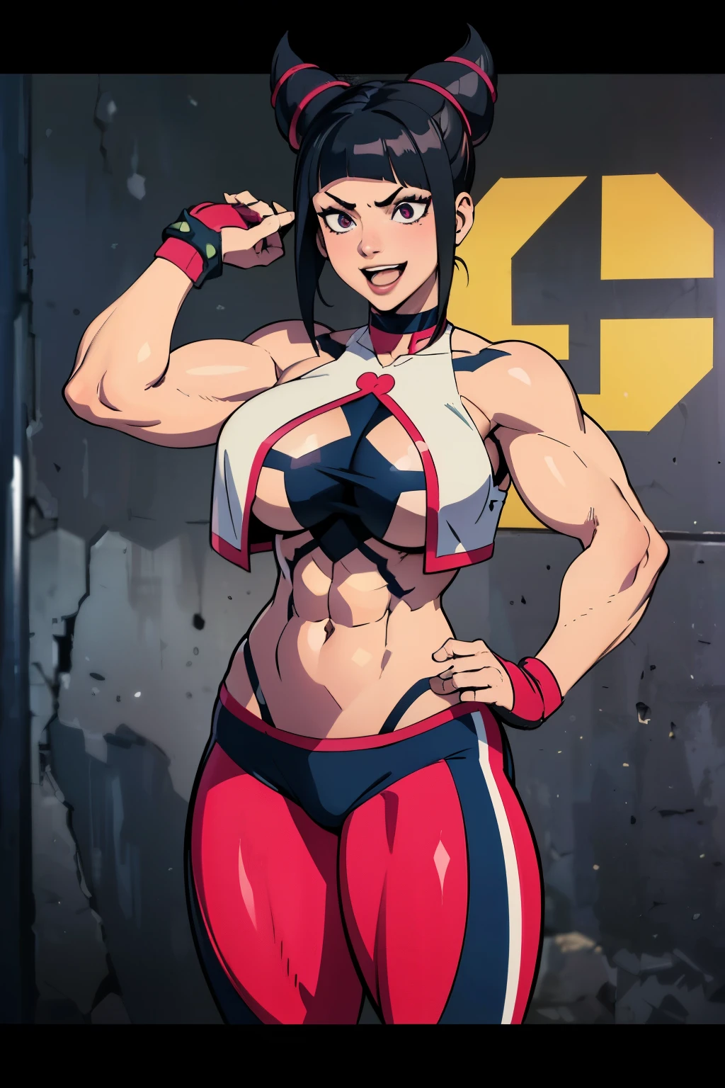 Character sheet, (best quality, masterpiece, RAW photo,ultra-detailed:1.2), 1girl, playing with a kid, foujuri, laughing, huge muscle mass, muscular girl, bodybuilder physique, six-pack abs, huge muscular legs, extremely thick thighs
