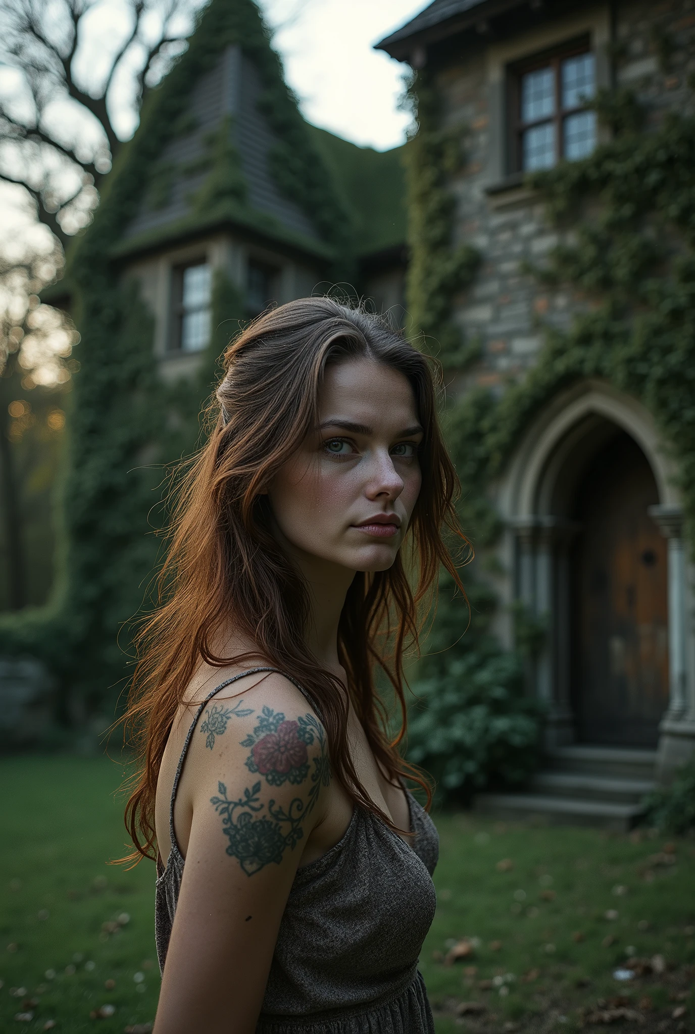 A young woman, Emily, arrives at an old, isolated family estate she inherited in the countryside. The house is ancient, covered in ivy, with broken windows and a rotting wooden porch. As she steps inside, the door creaks loudly, and the air is thick with dust and decay. Emily feels a strange chill and senses she's being watched.