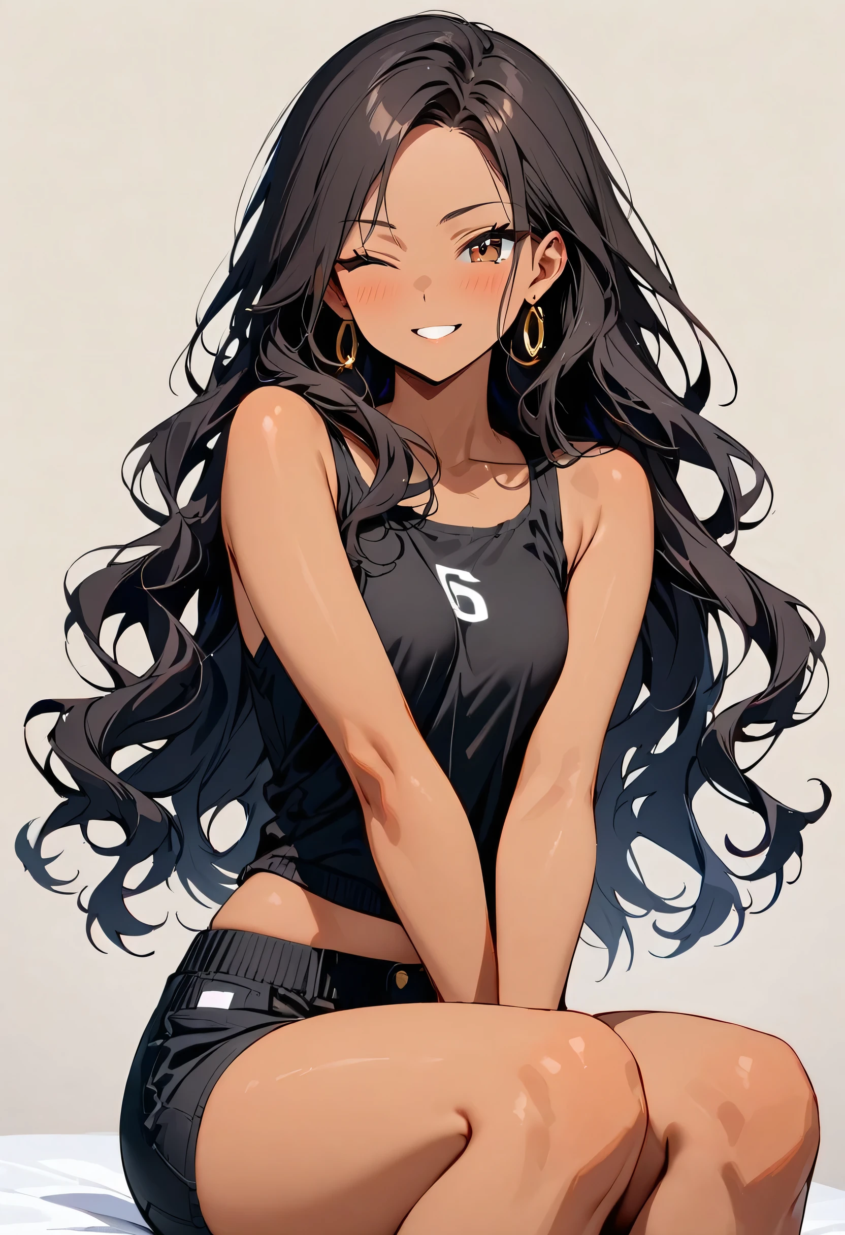 (masterpiece, best quality:1.3), a young woman, 19-years-old, solo, mature face, average height, tan skin, slender figure, (long black wavy hair that's parted in the middle, no bangs:1.2), brown eyes, cute smile, one eye closed, winking, black tank top, thin straps, small gold earrings, black shorts, white shoes, plain background, sitting cross-legged