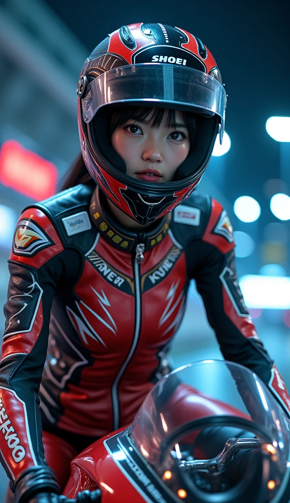 very beautiful with cute Japanese high school girl but amateur motorcycle racer, about to Ride on a racing motorcycle, at the cyber punk circuit at night, dramatic scene, masterpiece, clear helmet visor, beautiful eyes, face focus, Ducati racing motorcycle, Shoei helmet, (wearing a intricated with complex layered cyber punk mecha armored racing suits with many neon markers:1.8), (fast-look patterned electro mechanical suits:1.5), dynamic angle, acrobatic pose