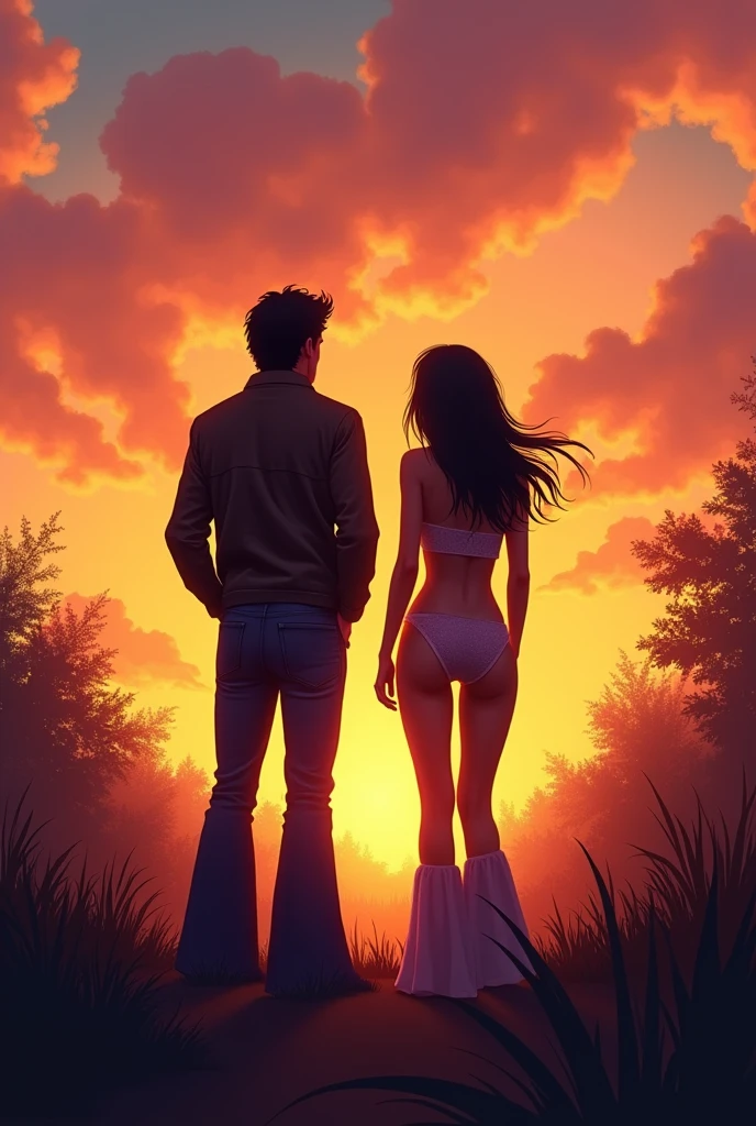 Create an image of a man from behind with a half-naked woman, 70s style, bell bottom pants, short jacket and hands in pockets, looking towards the sunset.