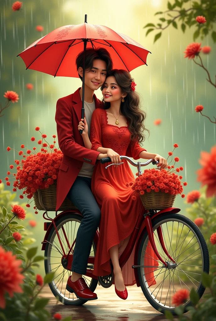 Slowly slowly rain with Ali and waniya enjoy rain with garden and couple are sitting on a bicycle and Ali plug in umbrella unique red flowers design and Ali red dress coat and flowers design t shirt and waniya dress color red flowers design frock and Ali shoe's Red flowers design white and waniya shoe's Red flowers design is white and couple smiling faces in prompts generate