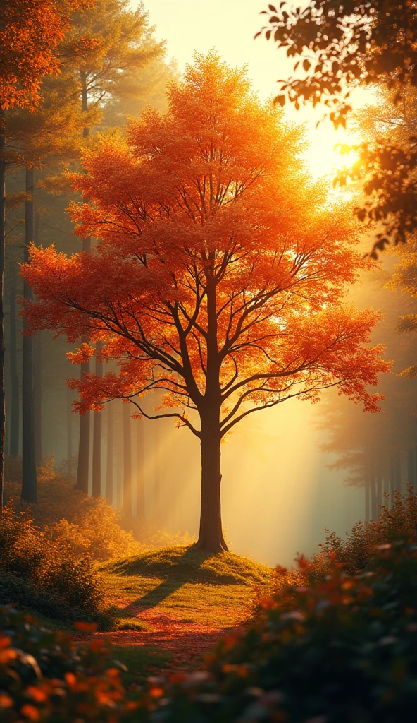 A serene depiction of a forest during the golden hour, with leaves turning orange, red, and yellow. A single tree is centered, with sunlight filtering through the branches. The background features a gradient from dark green to golden yellow, capturing the essence of the transition from summer to autumn.