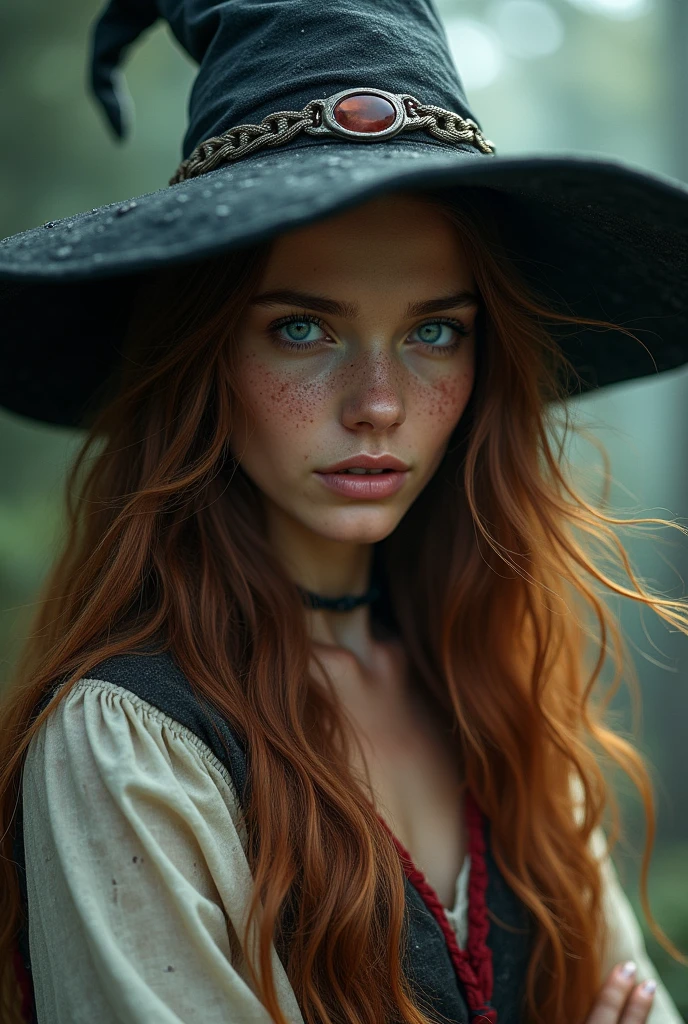 photorealistic, 35mm, intricate details, hdr, intricate details, hyperdetailed, natural skin texture, hyperrealism, sharp, 1 girl, adult (elven:0.7) woman, freckles, grey eyes, chestnut layered hair, portrait, looking down, solo, half shot, detailed background, witch hat, witch, magical atmosphere, hair flowing in the wind, red trimmed light colored clothes, whirlwind of swirling magic spell in the air, dark magic, (style-swirlmagic:0.8), floating particles,