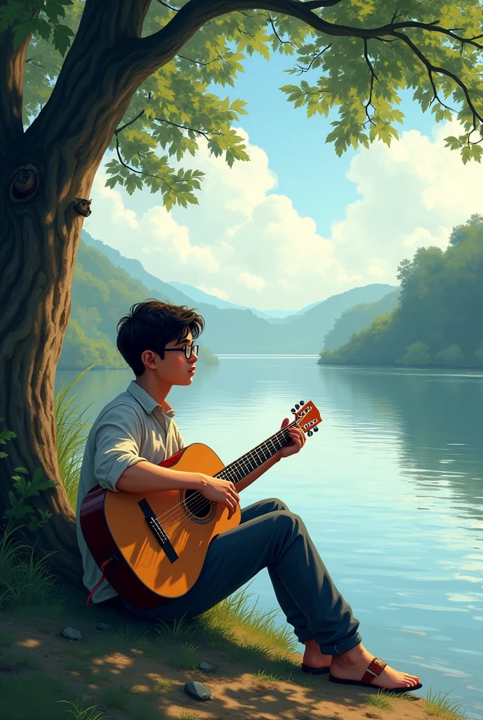 A boy that age 18 with glass on eye and full pant guiter on hand, sit beside the padma river.