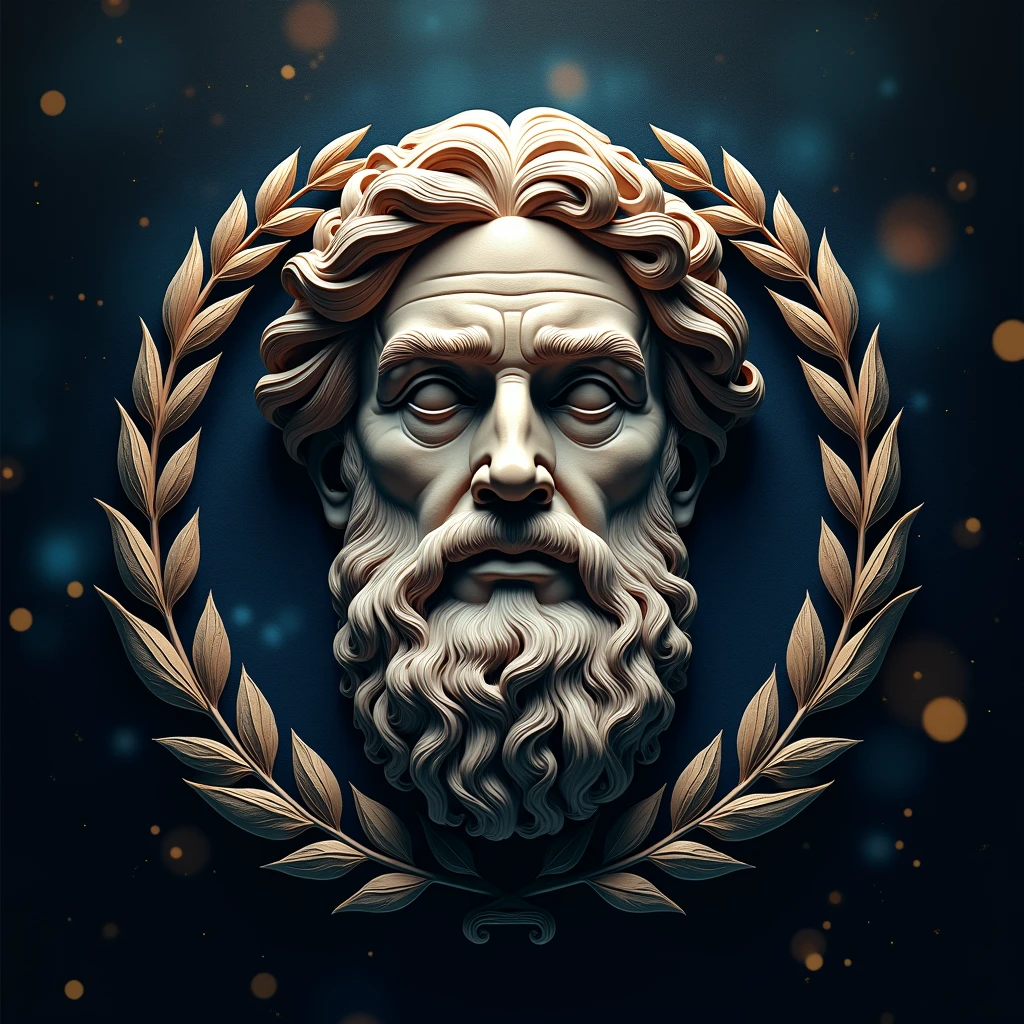 A logo with an ancient Greek philosopher's head wearing a laurel wreath, with swirling cosmic patterns around it, symbolizing the universe of knowledge and enlightenment."
Make it hyper realistic