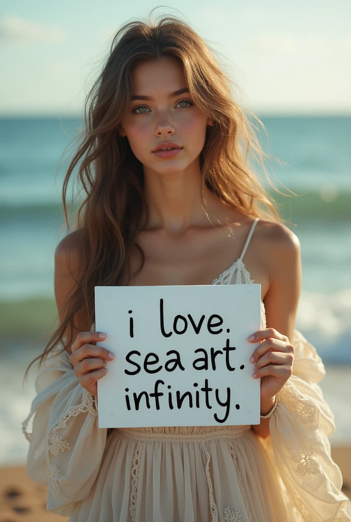 Beautiful girl with wavy long hair, bohemian dress, holding a white board with text "I Love Seaart Infinity" and showing it to the viewer