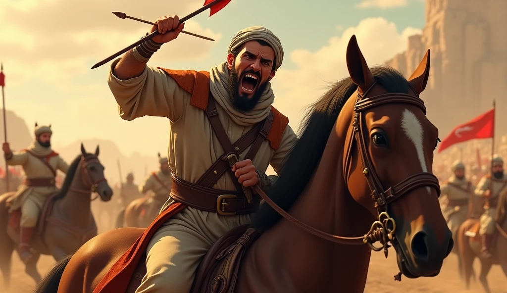 Animated image of an arrow stuck in the back of a Muslim&#39;s neck. An arrow stuck in the back of his neck and feeling pain while riding a horse while fighting.