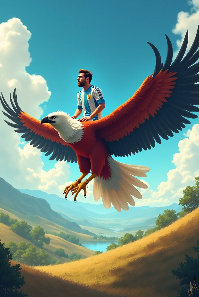 Messi is flying by sitting up a big bird