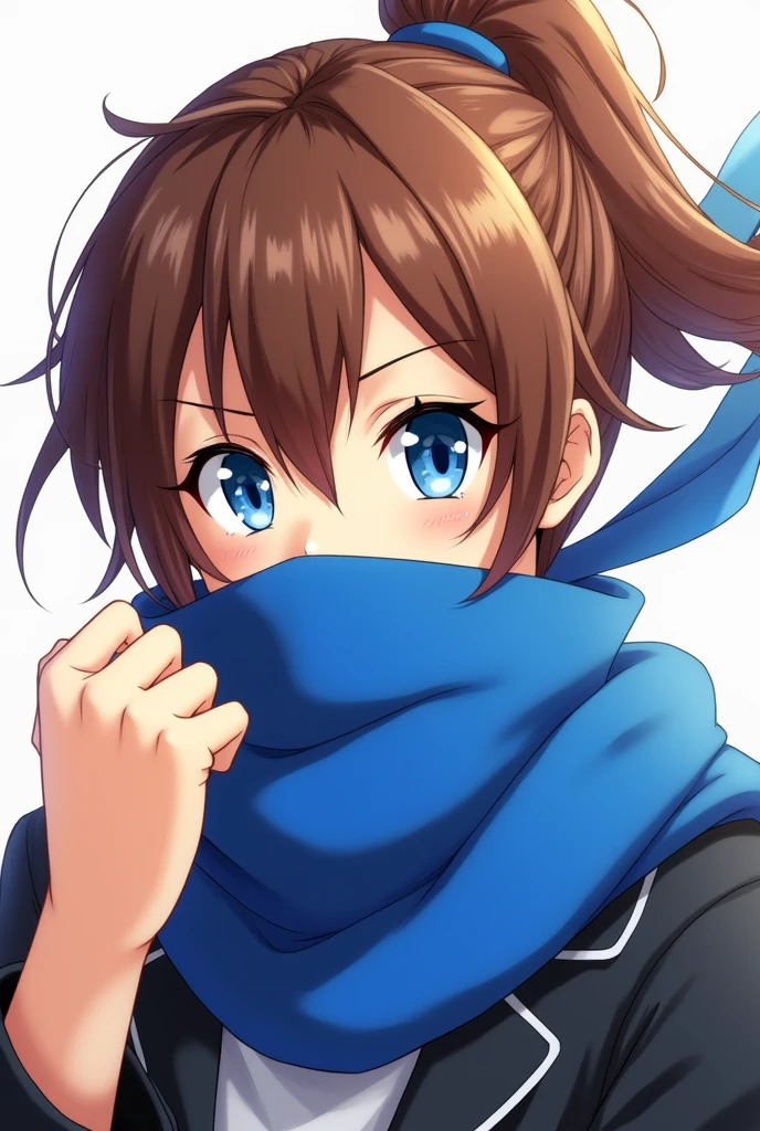 Anime girl, Blue eyes, brown hair, ponytail, blue scarf, mouth hidden with scarf, one fist bump