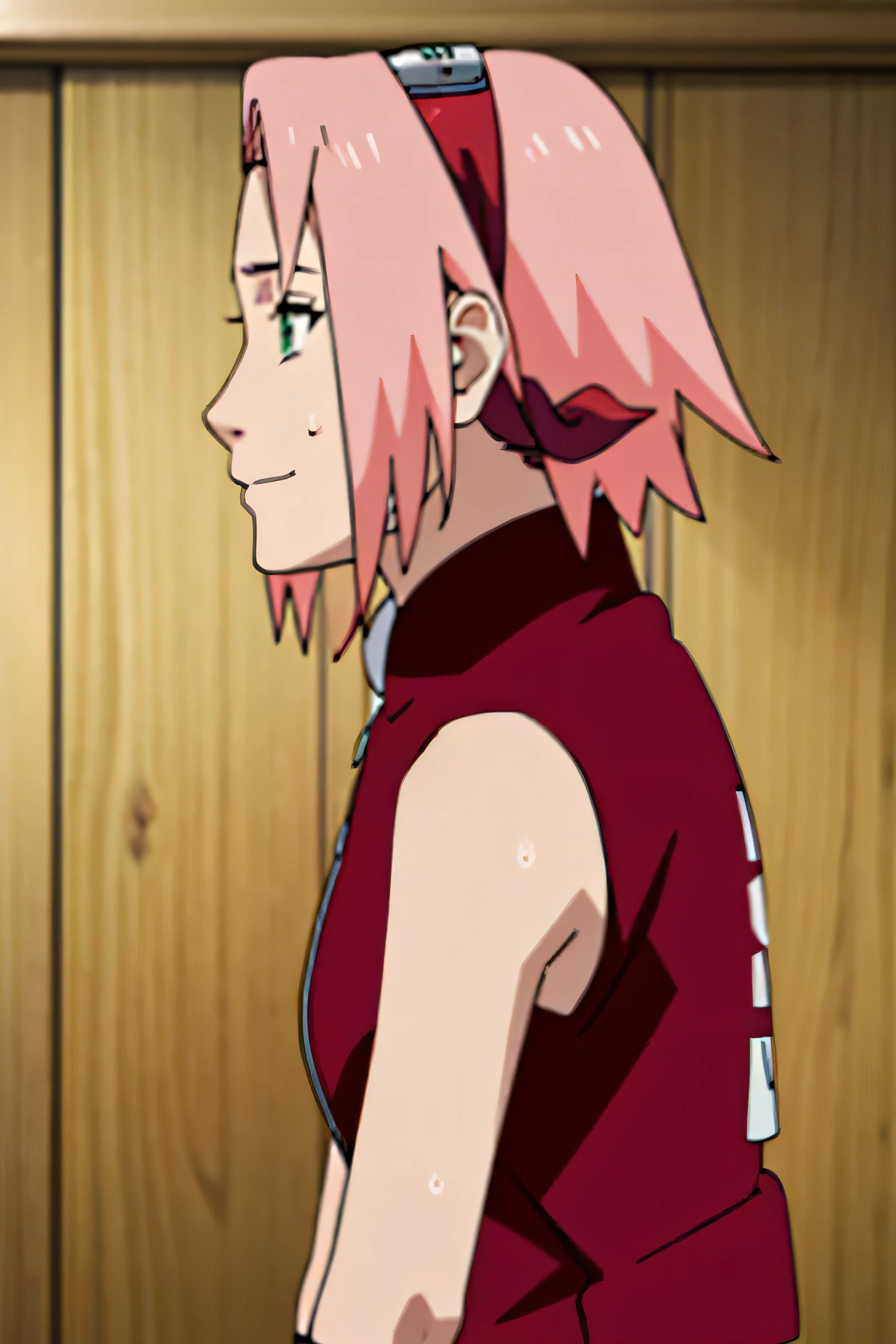 sakura haruno, sleeveless, red jacket, forehead protector, konohagakure symbol, upper body, side view, viewed from side, smile, sensual expression,eyes closed,leaning forwards,leaned forwards,sweaty