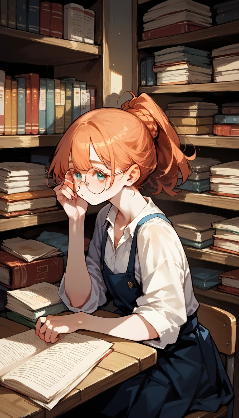 score_9, score_8_up, score_7_up,A girl, Wearing round tinted glasses,Background is a bookstore