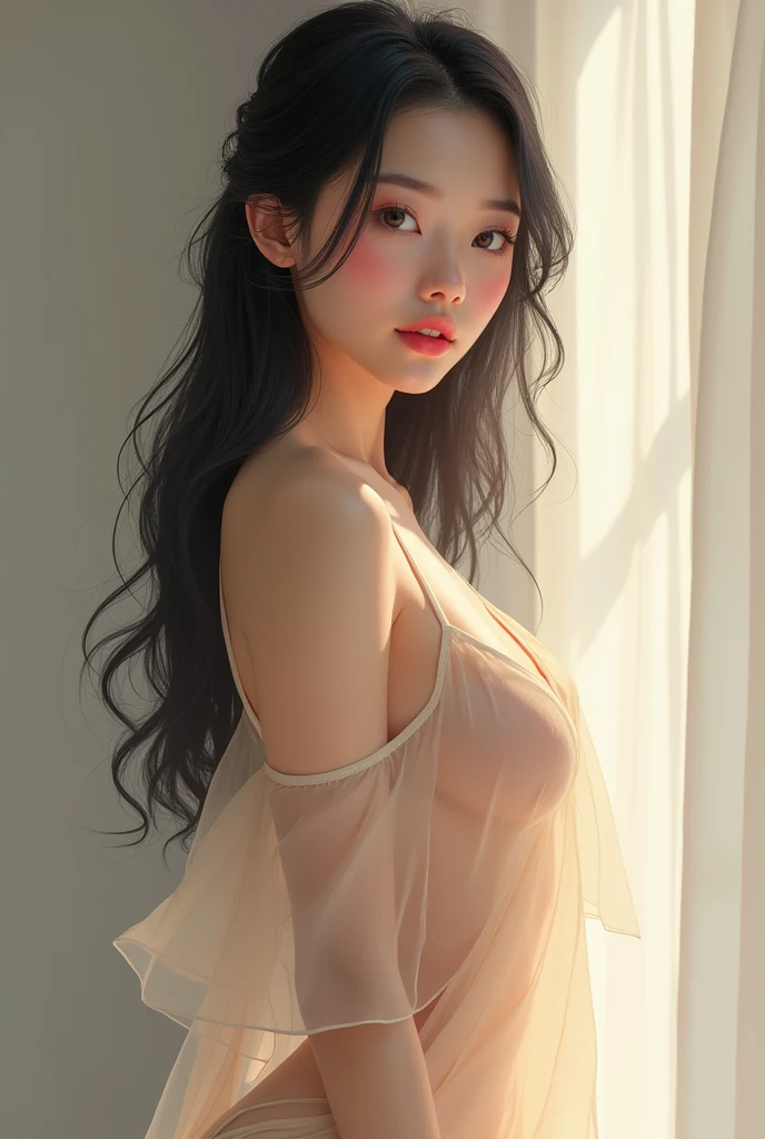 Chinese girl, cute, beautiful breasts, thin fabric, no bra, full body