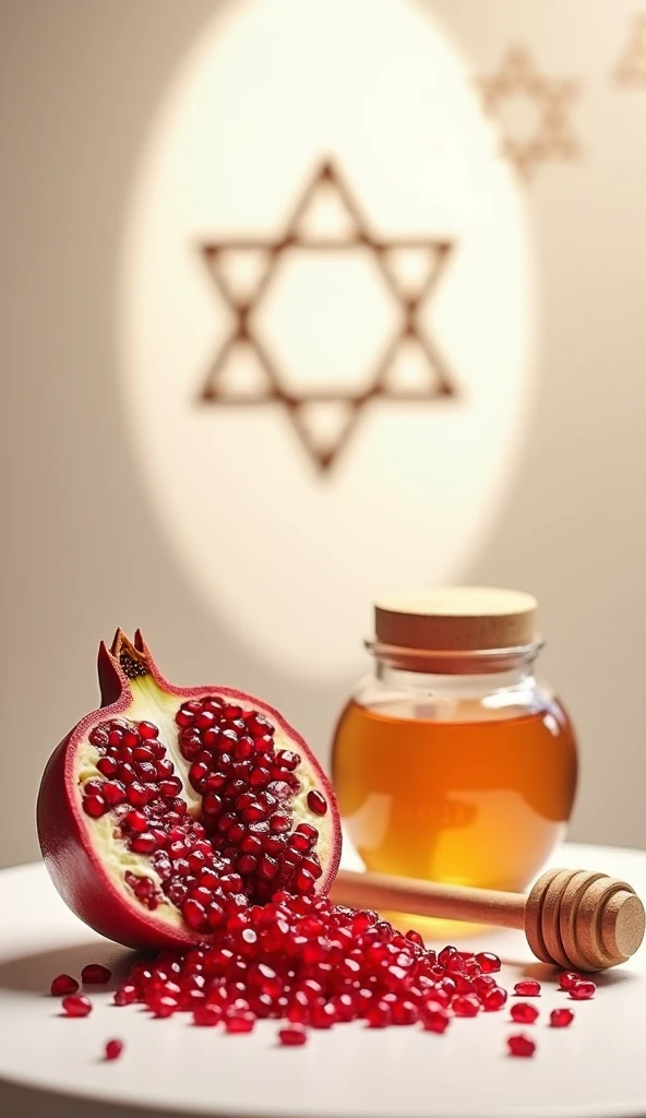 A delicate design featuring a pomegranate split open, revealing its seeds, alongside a honey jar and a dipper. The background is a soft blend of off-white and light beige, symbolizing purity and renewal. A small, subtle Star of David is embedded in the design for a cultural touch