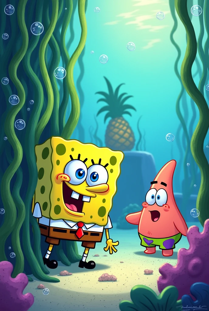 Spongebob is playing hide-and-seek with Patrick, Spongebob is hiding, Patrick is looking for