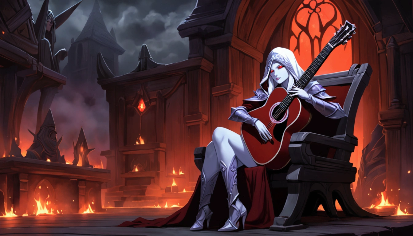 Sylvanas Windrunner, the legendary leader of the Forsaken, sits on a dark wooden throne, surrounded by an aura of mystery and magic. In her hands, she holds a vibrant red guitar, its strings seemingly pulsing with unearthly energy. Her eyes, burning with an otherworldly intensity, stare directly at the viewer, as if daring them to come closer. Her long, white hair falls over her shoulders, framing her pale, ethereal face. Her lips, painted a deep red, curve in an enigmatic smile, as if guarding secrets known only to her. The guitar, which appears to have been created by magical hands, emits an intense red light that illuminates the environment around it. The strings vibrate with an energy that seems almost palpable, as if they are alive and responding to Sylvanas’ touch. In the background, a dark and mysterious mist spreads, as if the night itself is closing in around Sylvanas. The atmosphere is charged with tension and anticipation, as if something is about to happen.

The image is a mix of shadows and light, of mystery and magic, capturing the essence of Sylvanas Windrunner as an enigmatic and powerful creature.