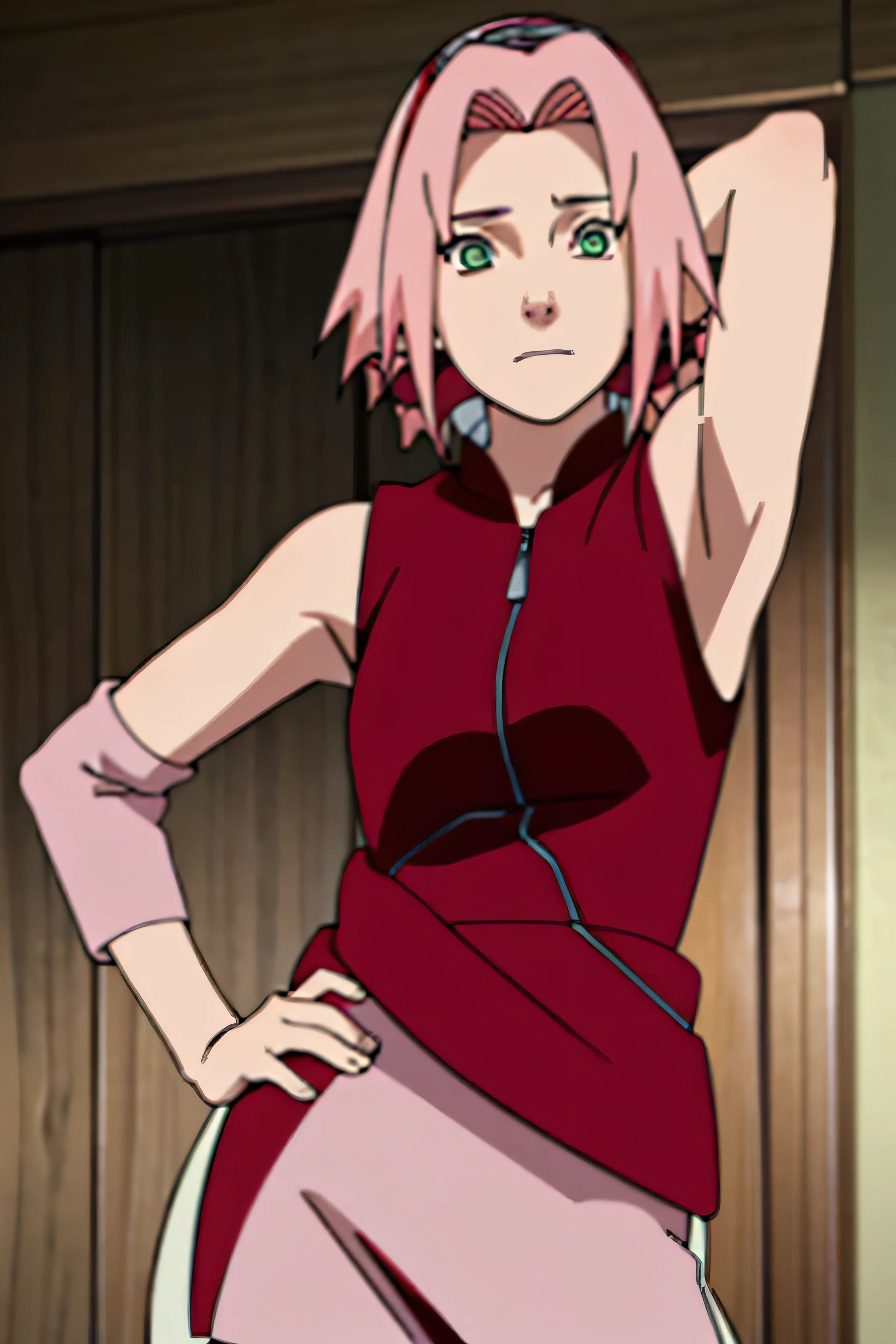 sakura haruno, sleeveless, red jacket, forehead protector, konohagakure symbol, arms behind head, armpits, showing armpits, posing, green eyes, perfect proportions, sakura shippuden