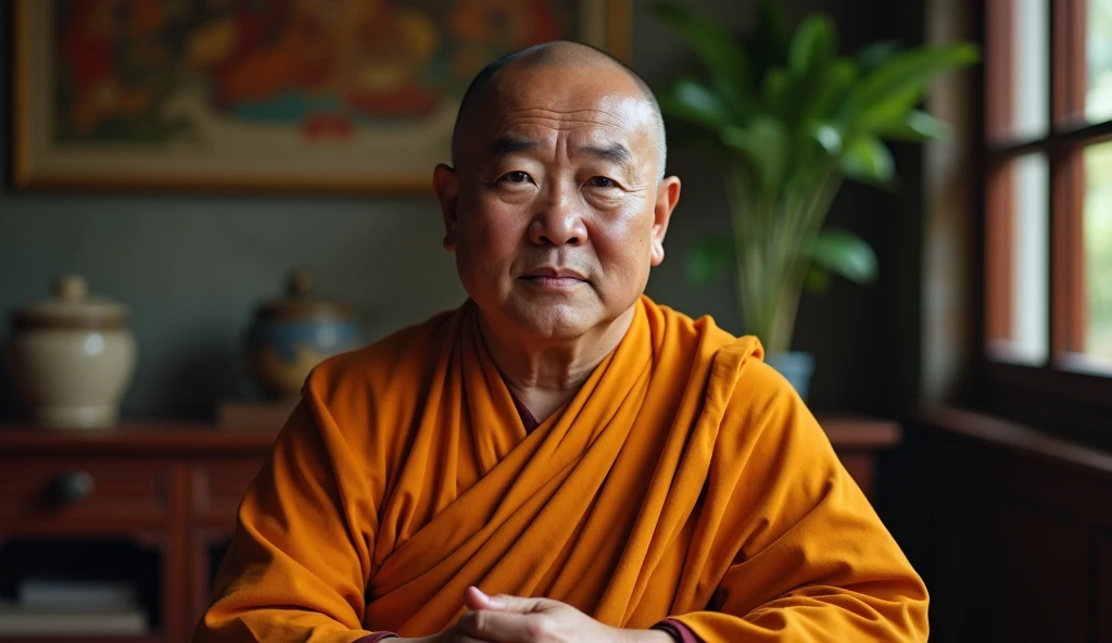 **portrait looking straight, Vietnamese monk about 40 years old, lovable, smooth, plump facial skin, plump, sitting in the tea room of the temple, master photogafie, 90 mm lens, fullbody portrait, defth of feld --ar 16:9 --v 6.0** - Zoom Out by (fast)