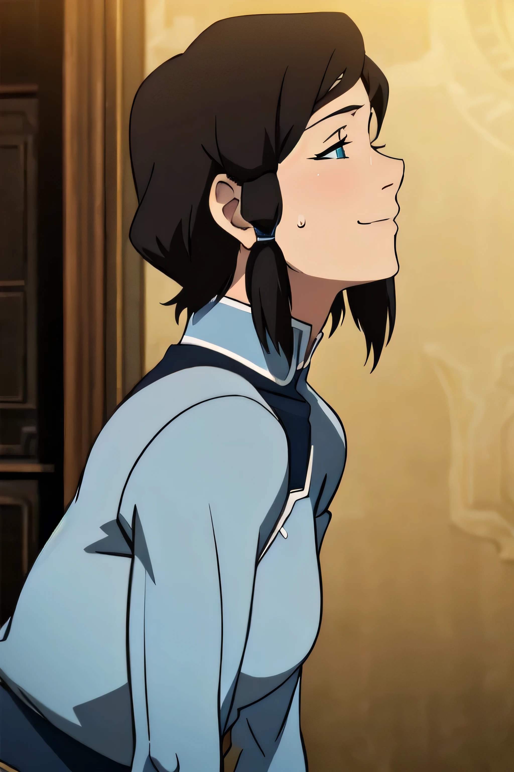 Korra,1girl, solo, upper body, side view, viewed from side, smile, sensual expression,eyes closed,leaning forwards,leaned forwards,sweaty