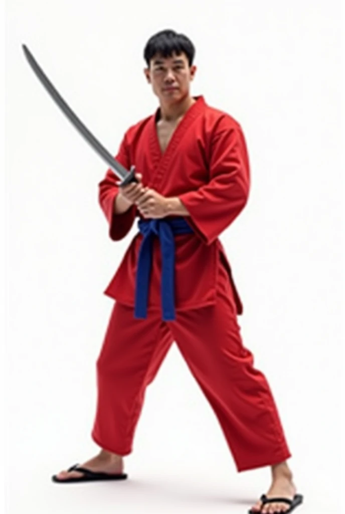 a man expert in karate martial arts, red long-sleeved uniform, blue belt, holding a sword, wearing flip-flops, white background