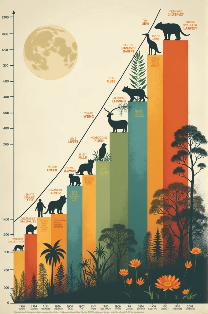 Bar graph of biodiversity loss including animals name and plants Species over different periods from 1900-2000
