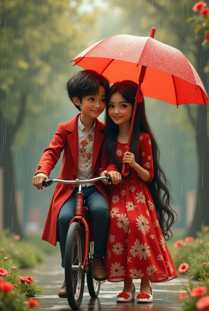 Slowly slowly rain with Ali and waniya enjoy rain with park and couple are sitting on a bicycle and Ali plug in umbrella unique red flowers design and Ali red dress coat and flowers design t shirt and waniya dress color red flowers design frock and Ali shoe's Red flowers design white and waniya shoe's Red flowers design is white and couple smiling faces in prompts generate