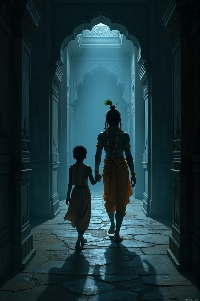 "Krishna and Sudama entering the palace, walking through dark, echoing hallways as they make their way towards the secret cellar, with mysterious, ominous shadows looming around them."
