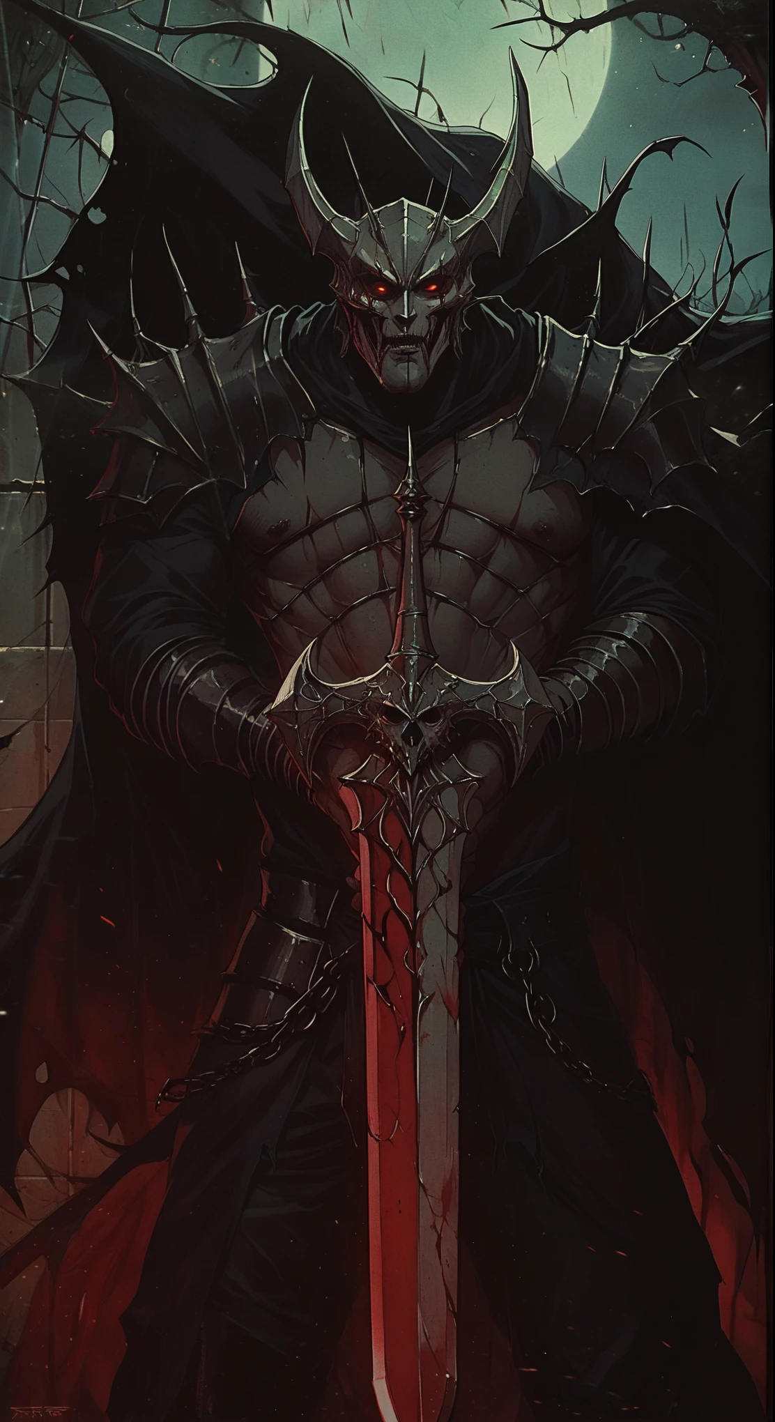 there is a man with a red demon mask and a sword, blood knight, evil knight, berserk skullknight black armor, berserk art style, dark souls art style, anthropomorphic raven knight, scary knight, demon slayer artstyle, dnd fantsay art, beautiful male god of death, the king of death, epic fantasy art style