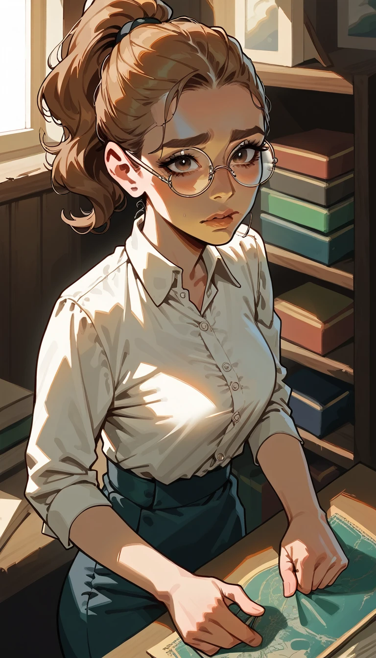 1girl, european girl, 1, long light-brown hair, ponytail curvy hair, cute face, average breast, A girl, Wearing round tinted glasses,Background is a bookstore, source_realictic, deatiling painting, brown eyes, detailing body, detailing face, view from above glasses, in full growth, shy