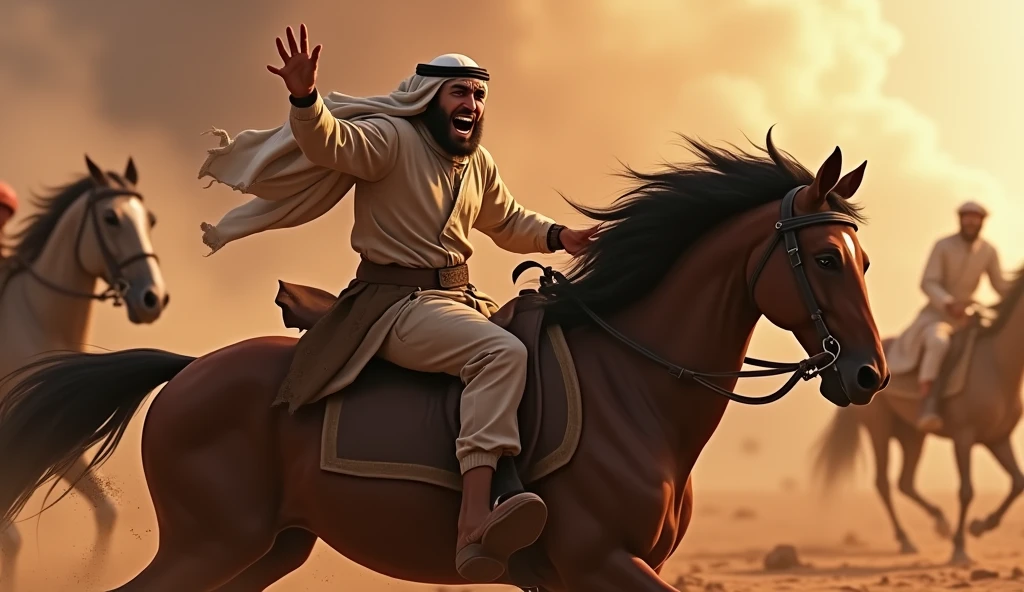 Animated image of a Muslim man falling from a horse in pain during a war