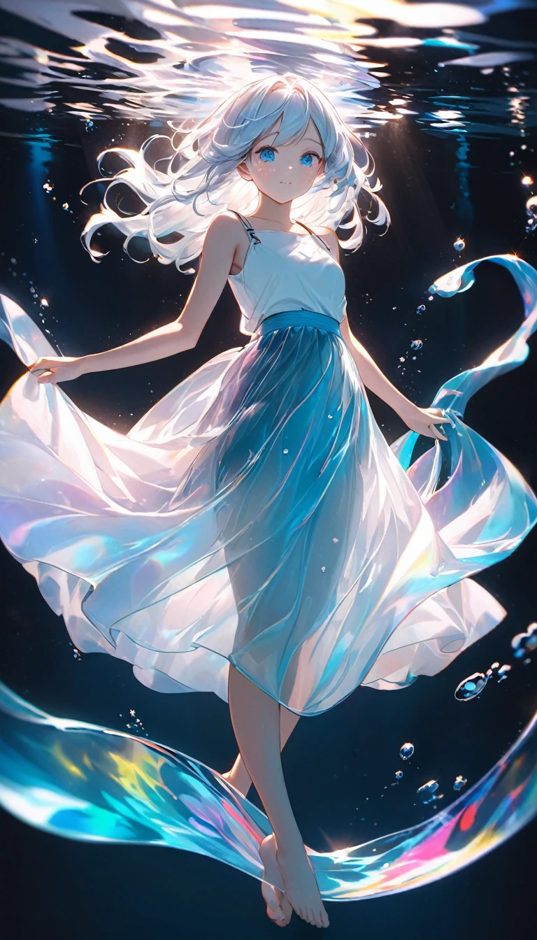 Transparent pastel real-life painting，Color splash rendering，Accurate facial texture，Minimalism，Emphasis on dark contrast，A beautiful oriental girl with three-dimensional facial features，barefoot，White thin shoulder suspender skirt，Long flowing blue and white hair，Hair starry swirl rendering，Shallow depth of field，Light transmission，Contour light，full-body shot，Japanese air feeling，Underwater reflections，Cyan sparkling underwater background in sunlight