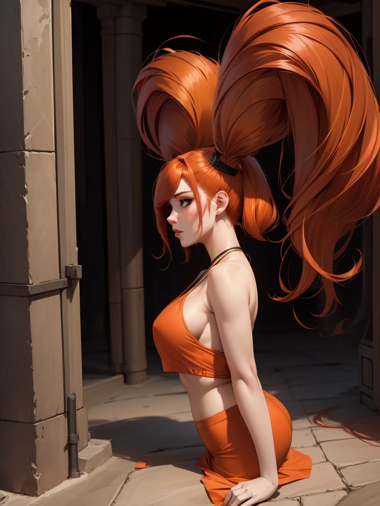 beautiful woman with orange hair (mega twintails) 8k, masterpiece, Very detailed, Alone,
Underground city,
Inclined shot,
Amazing,
Ecstatic,
tube top