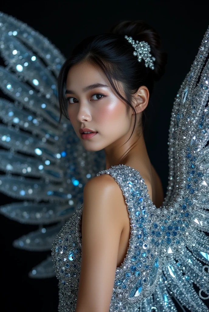 A luxury raw photo, close up, woman ((Latin features)) with ((gigantic)) black wings, captured in a half-length portrait. Her giant wings are made of (((luxurious ice crystals, diamonds, high details, details intrincated inspired in Swarovski))) Each feather has silver, glow and sparkles. The shine of the wings reflects on her body, creating dazzling sparkles on her porcelain-white skin. She wears a high bun, with a hair clip that shines, showing her beauty. dark that elegantly contrasts with her fair complexion. The image is full of intricate and meticulous details, from the ((textures of the crystal-filled wings)) to the shine reflected on her skin, highlighting her strength and beauty.These "wings" are made up of countless pieces of faceted crystals, which capture and reflect light in all directions, creating a brilliant glow and an almost blinding effect. The crystals, with their silver, blue and white sparkles, form complex, symmetrical patterns reminiscent of an angel's feathers.The atmosphere is one of extreme luxury, almost fantasy, with an atmosphere of ethereal elegance.