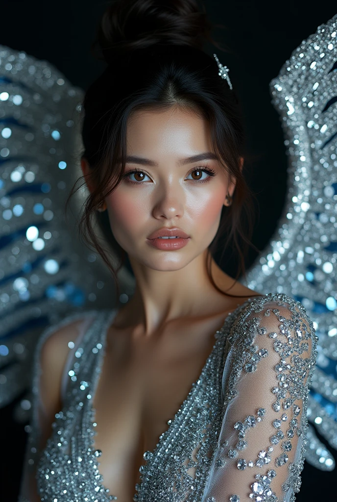 A luxury raw photo, close up, woman ((Latin features)) with ((gigantic)) black wings, captured in a half-length portrait. Her giant wings are made of (((luxurious ice crystals, diamonds, high details, details intrincated inspired in Swarovski))) Each feather has silver, glow and sparkles. The shine of the wings reflects on her body, creating dazzling sparkles on her porcelain-white skin. She wears a high bun, with a hair clip that shines, showing her beauty. dark that elegantly contrasts with her fair complexion. The image is full of intricate and meticulous details, from the ((textures of the crystal-filled wings)) to the shine reflected on her skin, highlighting her strength and beauty.These "wings" are made up of countless pieces of faceted crystals, which capture and reflect light in all directions, creating a brilliant glow and an almost blinding effect. The crystals, with their silver, blue and white sparkles, form complex, symmetrical patterns reminiscent of an angel's feathers.The atmosphere is one of extreme luxury, almost fantasy, with an atmosphere of ethereal elegance.