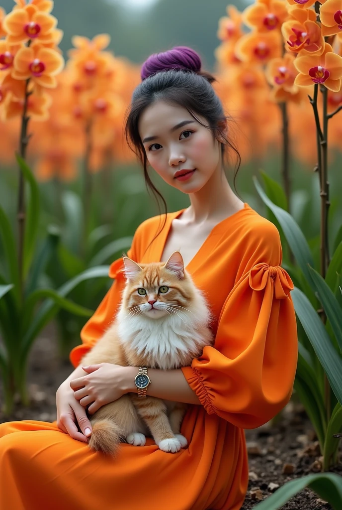 A beautiful Indonesian girl, smooth white skin, well-groomed face,rambut sanggul ala Korea, purple , ,wearing a wide knee length orange dress, , closed door, left and right sleeves with beautiful ribbons,balloon sleeve model ,memegang kucing anggora berukuran besar, , ,luxury watch , white shoes, Sitting pose,, with grace, eyes looking at camera. in the thicket , orange orchid flowers that bloom beautifully and profusely. Orchid flower field background , beautiful very amazing .Realistic original photo
