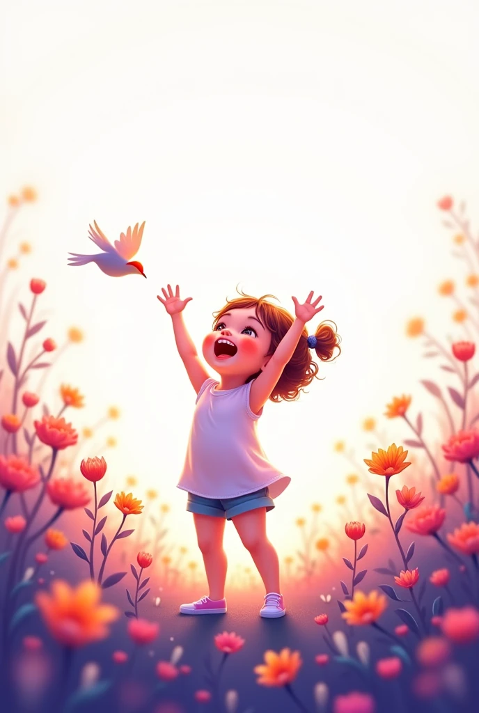 up side white,down side purple shade,blooming beautiful flowers,little bird flying up,cute baby girl raise hands,she smiling,she exciting
