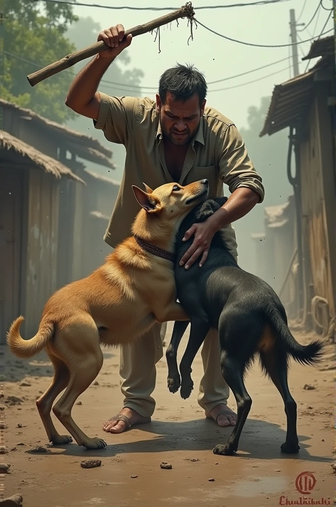 At khasi two dogs were mating and a man beating them with a stick in middle
