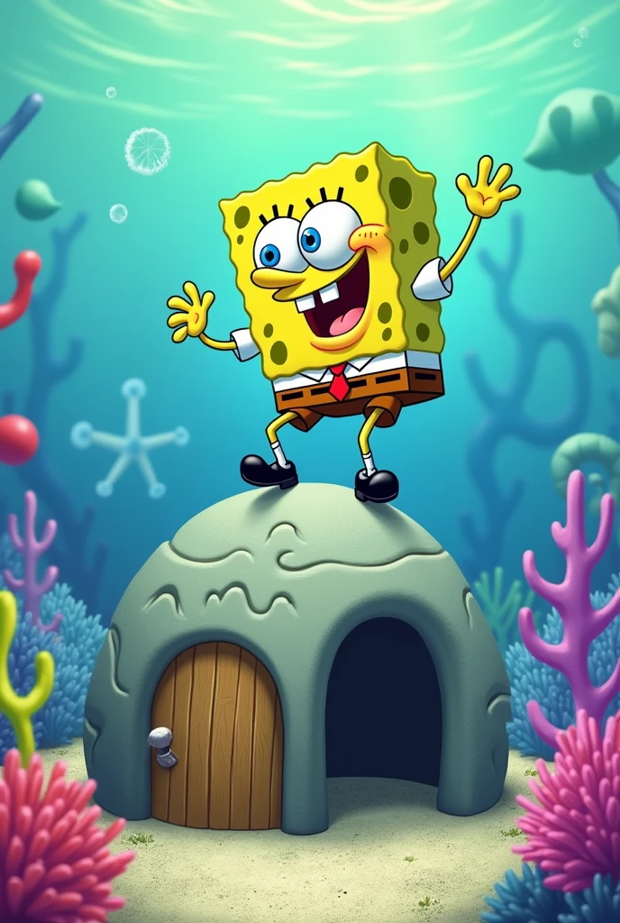 Spongebob climbed onto the roof of Patrick's house