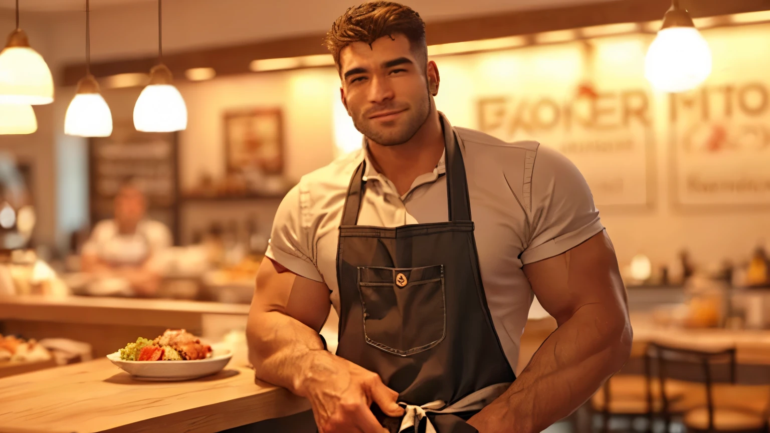 arafed man in a restaurant wearing an apron and standing in front of a counter, wearing an apron, mid shot of a handsome guy, standing in a restaurant, bonitas man, food commercial 4 k, white waist apron and t-shirt, bonitas male, attractive man, brawny, bonitas, cook, attractive brawny man, bonitas and attractive