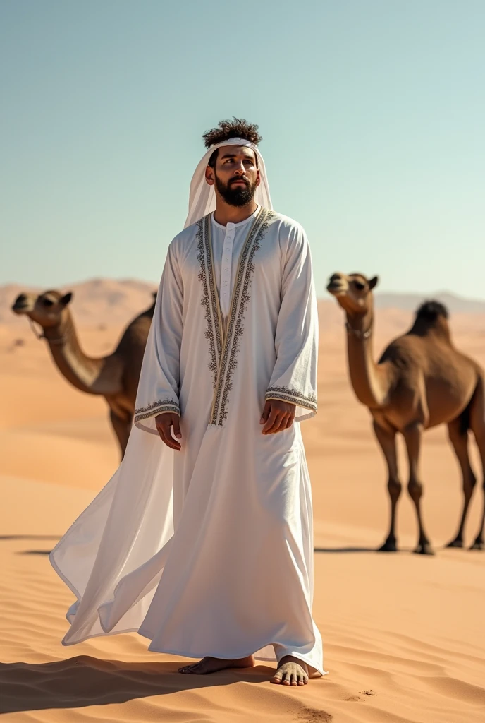 Messi in a desert wearing white dress like a Arabic with a camel