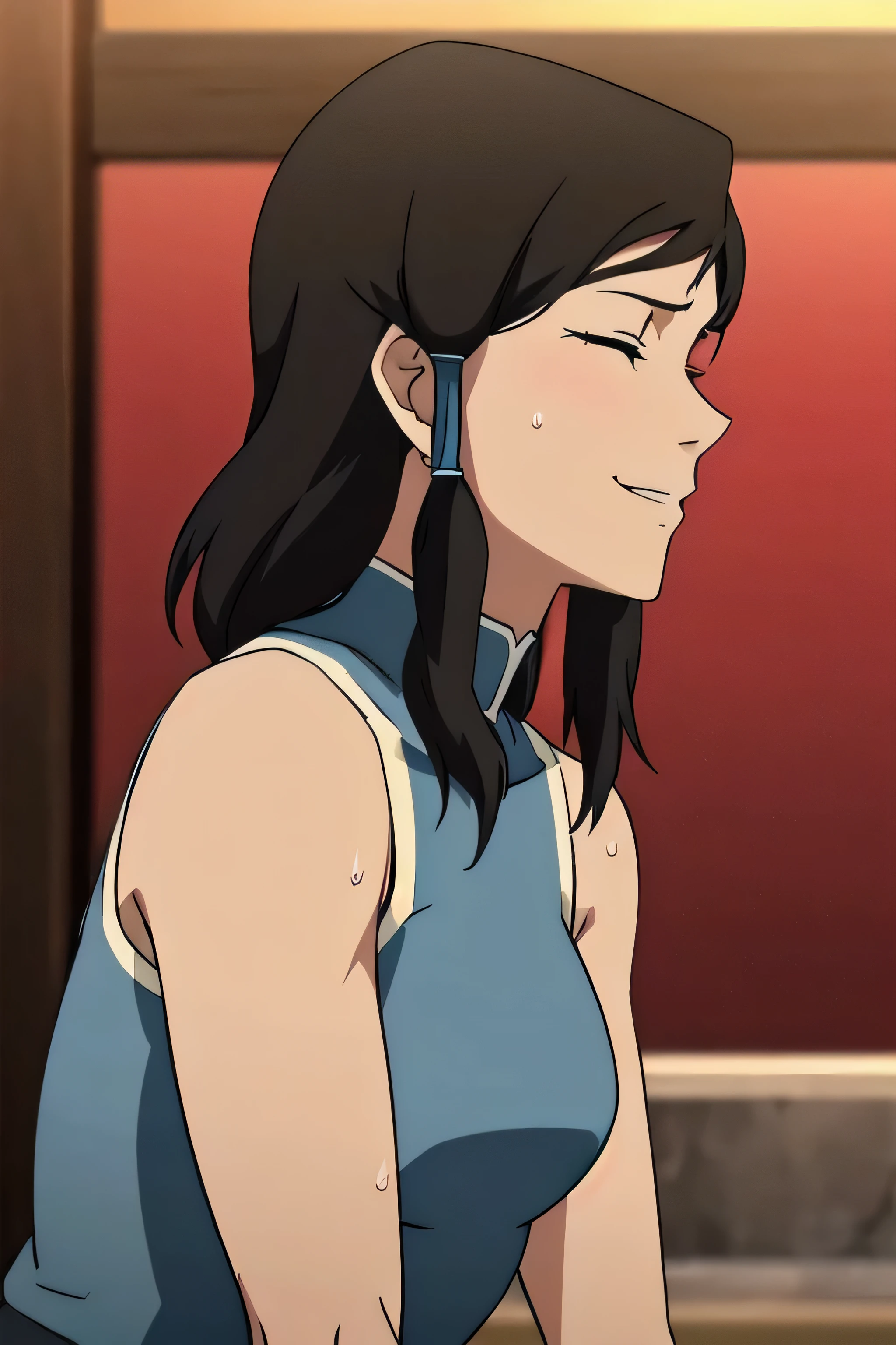 Korra,1girl, solo, upper body, side view, viewed from side, smile, sensual expression,eyes closed,leaning forwards,leaned forwards,sweaty