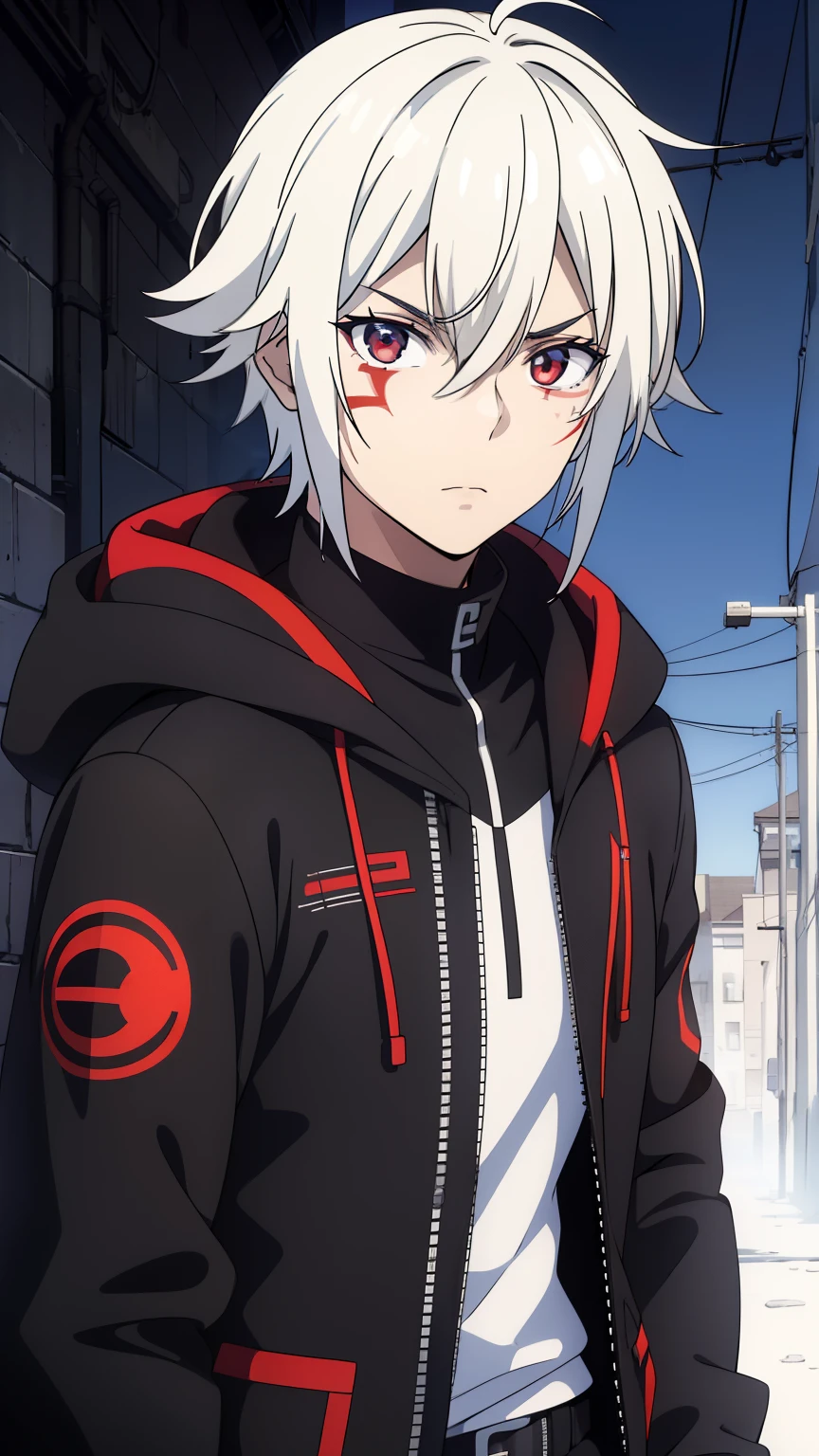 (high-quality, breathtaking),(expressive eyes, perfect face) portrait, Symmetrical Eyes, 1boy, male, teenager, solo, looking at viewer, portrait, simple background, white background, apocalyptic theme, ruined city buildings, alleyway, allen walker, red eye color, white hair, scar, facial mark, halfbody shot, medium hair length, neutral expression, charming, black and red jacket, hood, red trim, soft smile, cyberpunk clothing, Abzu
