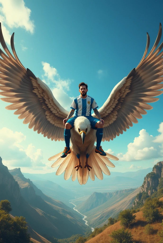 Messi is flying by sitting up a big bird