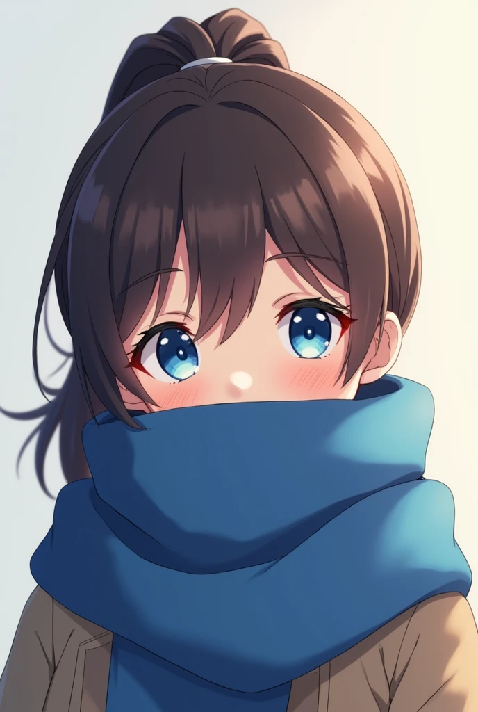 Anime girl, Blue eyes, brown hair, ponytail, blue scarf, mouth hidden with scarf, tilted head confused