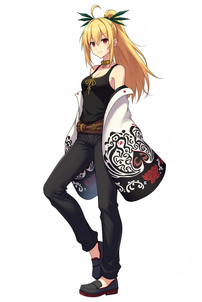 draw in anime style in full growth on a white background: a tall girl with blond hair, bangs in 2 sides, and a high ponytail. She wears a black tank top with gold detailing, and on top of the tank top is a white haori with wide sleeves with black, white and red peacock feather detailing. She is also wearing black pants and black shoes. She also has a hairpin with a black, white and red peacock feather on her head. Her eyes are red and not big. Make her expression serious or make her in a dynamic pose