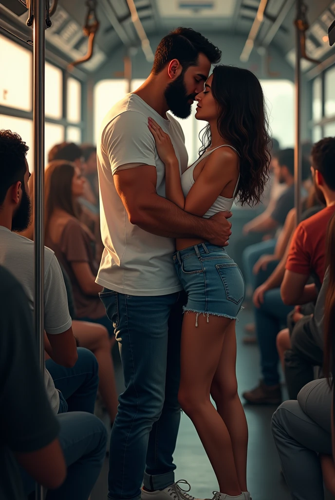 There is a young, strong, bearded Iranian man in a white t-shirt, jeans, White sneakers, sports watch, standing, holding on to the bar inside a public transport bus, hugging a beautiful woman in casual clothes. Bulge, bulge. crowded bus.