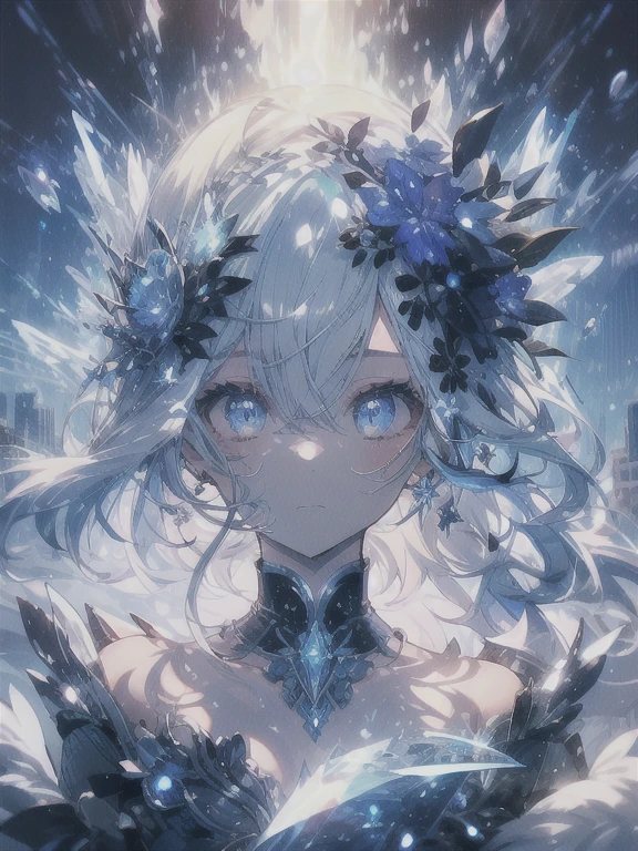 beautiful、ephemeral、Silver Marble Skin、hope、Highest quality、bright、cute、Mature、Very delicate、masterpiece、Mysterious Landscape、Magical atmosphere、blue、black、white