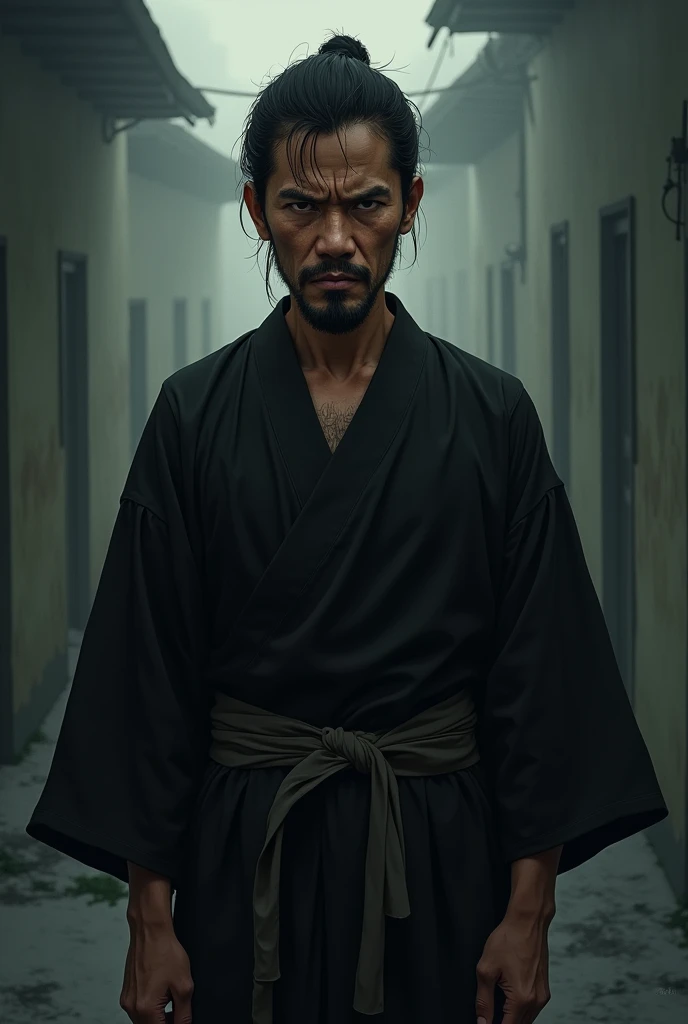 Generate me a art of a 2 non bearded depressed looking male filipino in a black kimono in a depressing theme background make the vibe very depressing, anime style. He has to be facing the front. His eyes must look like he hasn't slept or has relaxed in long time but don't give him eyebags. Give him wrinkles in his eyelids and his face should be serious