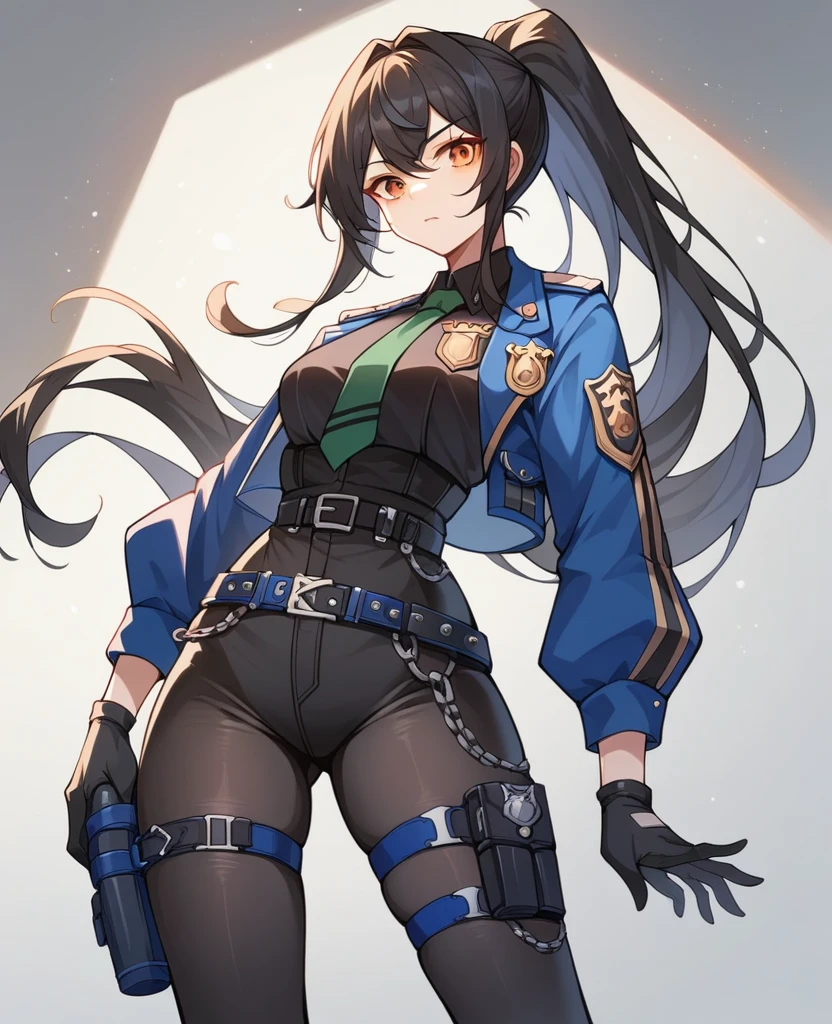 zhu yuan as publisec get tied up, very thick, orange eyes, black hair, long hair, streaked hair, ponytail
metal hairband, police uniform, blue jacket, cropped jacket, long sleeves, black vest, two-tone vest, black gloves, green necktie, plaid necktie, black pants, high-waist pants, belt, thigh straps, knee pads, holster, tight pants, blue footwear